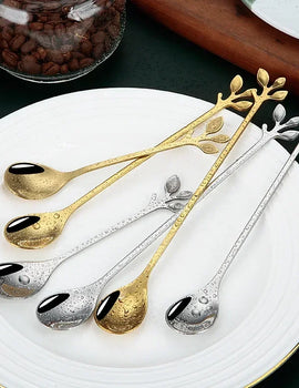 Gold Long Handle Spoon Stainless Steel Leaf Teaspoon Nordic Mini Stirring Spoons Small Fork for Dessert Coffee Honey Home Decor