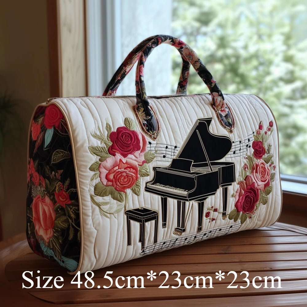 3D Printed Quilted Music Tote Bag Guitar Piano Floral Rose Design Travel Duffle Bag Carry on Luggage Unique Weekender Bag