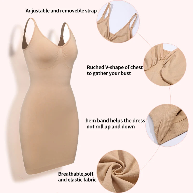 Full Slip Shapewear Women Dress V Neck Bodycon Underwear Smooth Compression Body Shaper Slimming Waist Abdomen Belly Corset