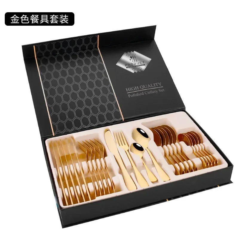 24pcs Golden Tableware Set Light Luxury Stainless Steel Cutlery Fork Knife Spoon Dinnerware Set Minimalist Decor with Gift Box