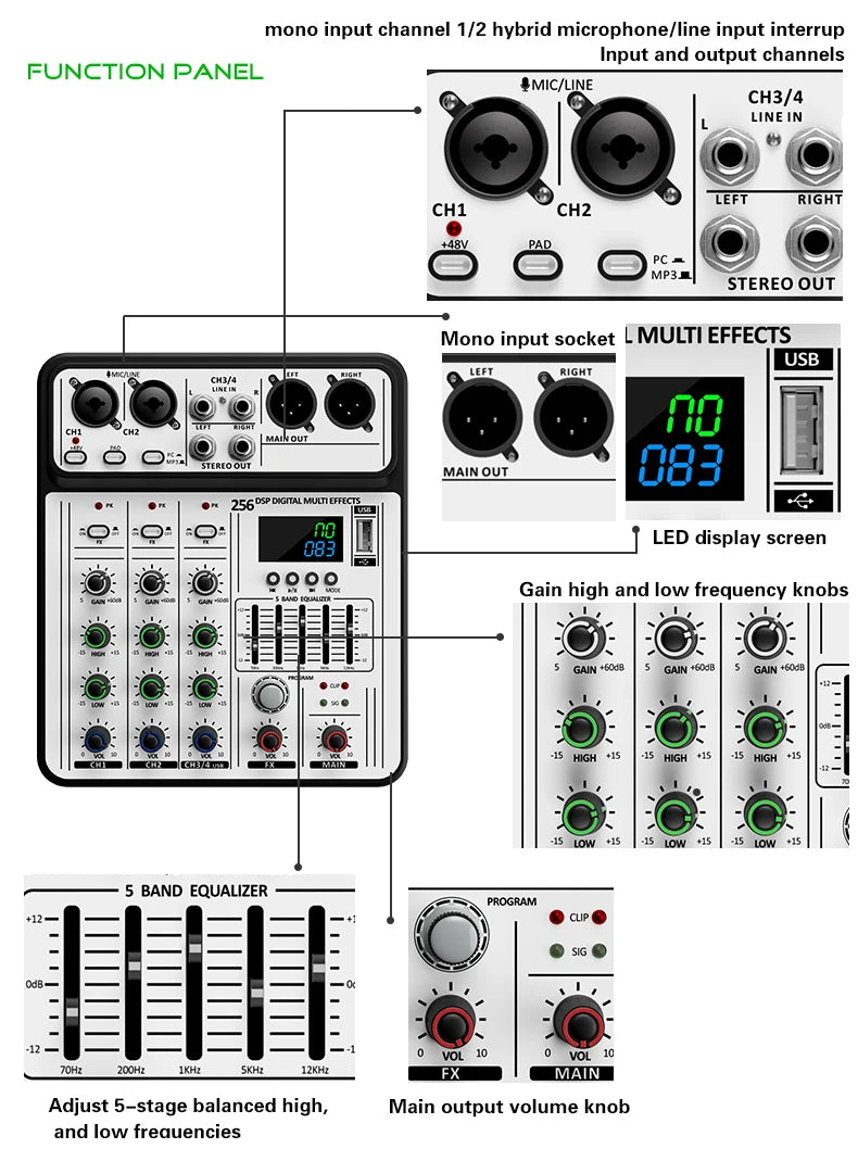 Professional 4-Channel 256DSP Audio Mixer 48V Phantom Power USB Studio Karaoke Bluetooth DJ Console Mixer