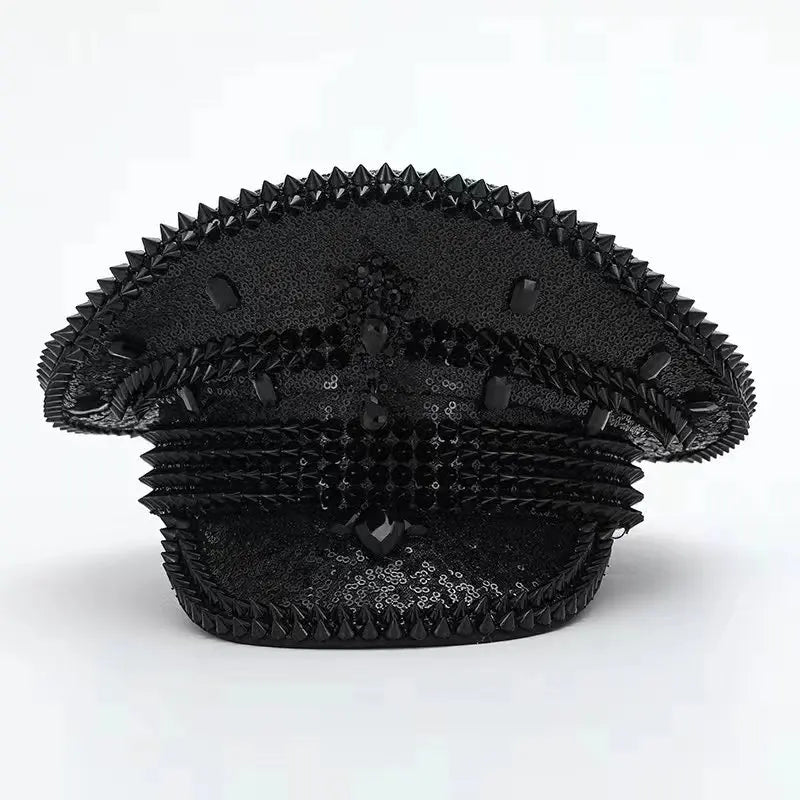 Black Sequin Festival Captain Hat Punk Rhinestone Masquerade Military Cap Handmade Sergeant Hat Bride Music Festival Cosplay
