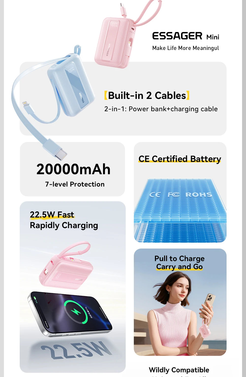 20000mAh Mini Power Bank 22.5W PD Fast Charging Portable Charger with Built-in Cables & Digital Display