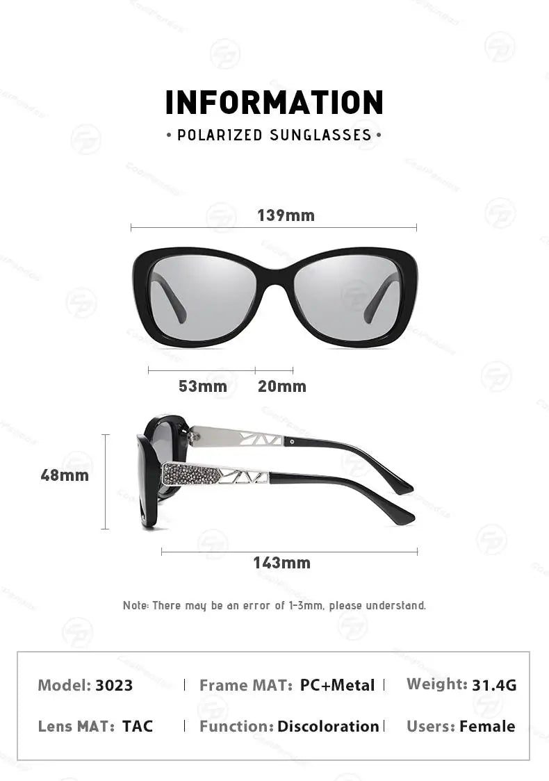 Diamond Frame Photochromic Polarized UV400 Fashion Sunglasses for Women Travel Glasses