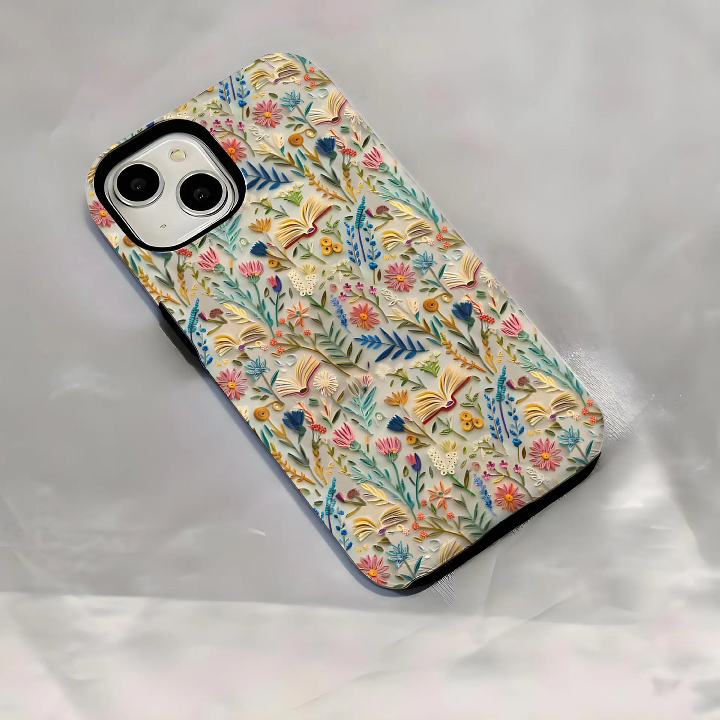 Romantic Wildflower Boho Embroidery Phone Case for iPhone 16 15 Pro Max Plus – 2 in 1 Hard Protection