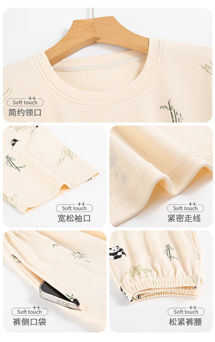 2-Pcs Women’s Cotton Pajama Set – Breathable Short Sleeve Summer Sleepwear with Cute Prints