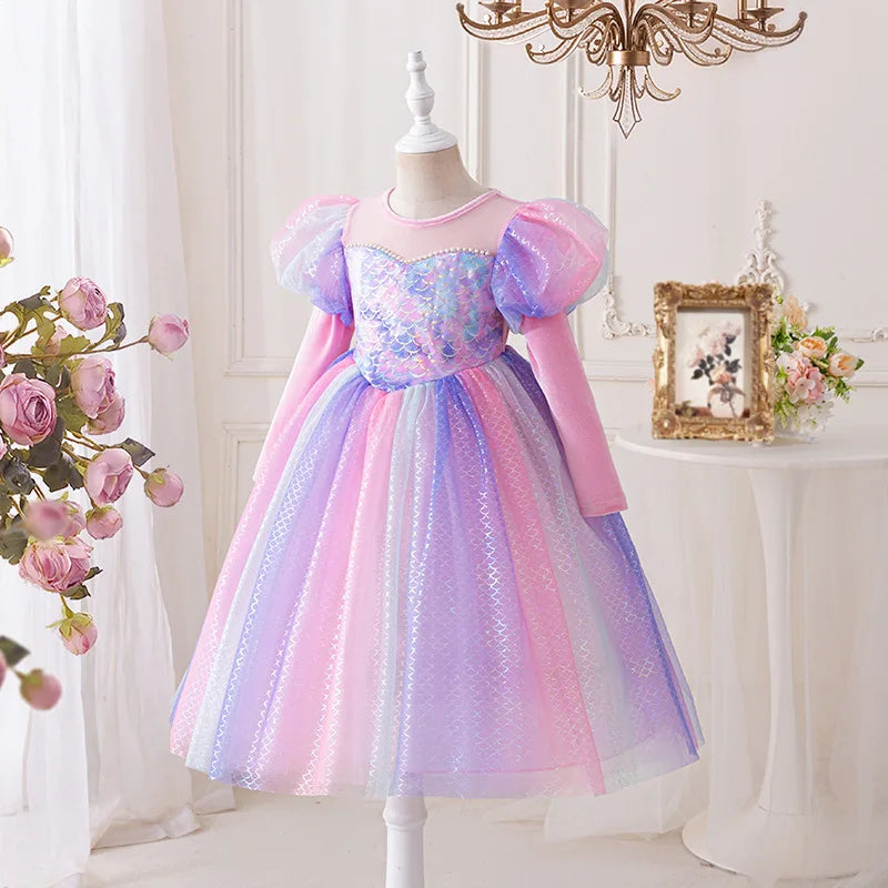Mermaid Princess Dress - Long Sleeve Sparkling Gown  Girls Elegant Party Dress for Birthday & Stage