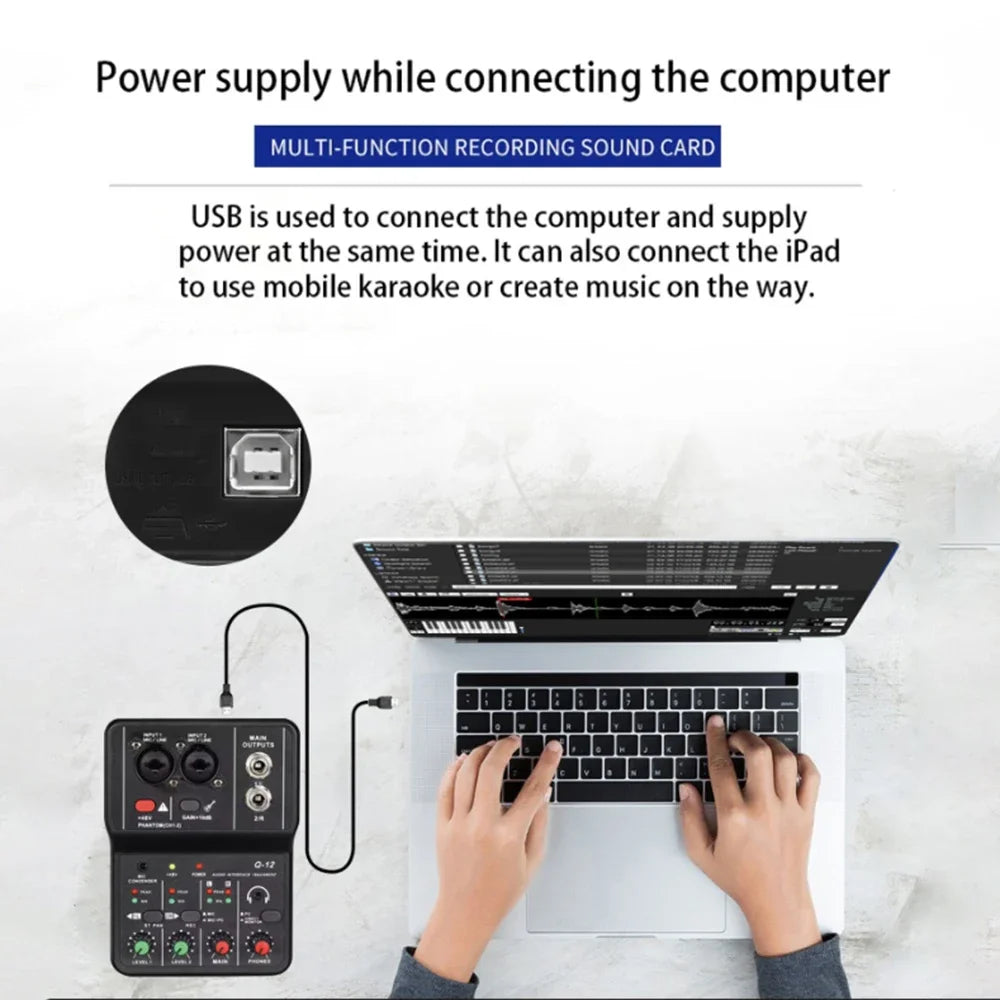 2 Channel USB Audio Interface Mixer With 48V Phantom Power For Recording Studio