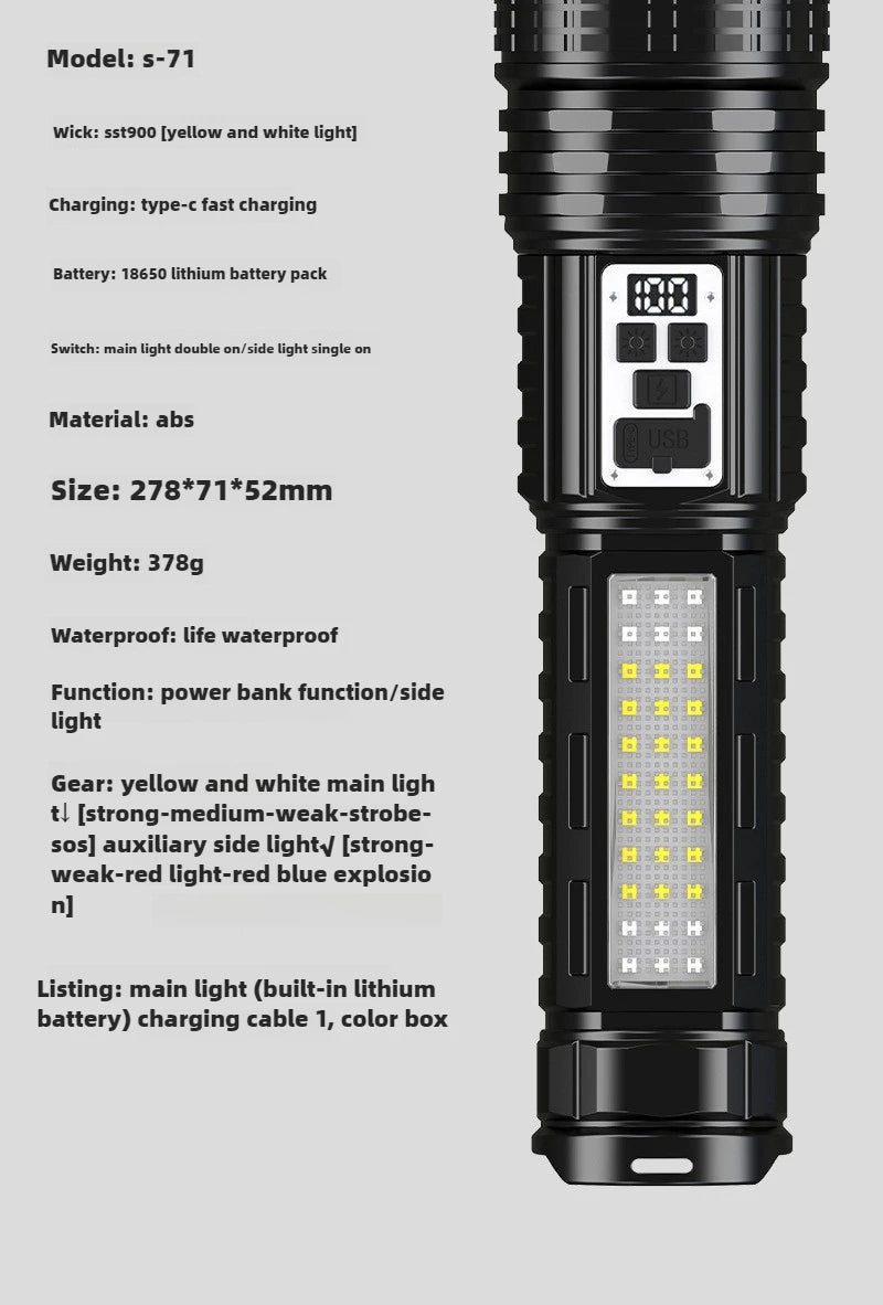 100000LM Dual Laser Flashlight White & Yellow Beam Rechargeable Zoom Tactical Torch with COB Side Light
