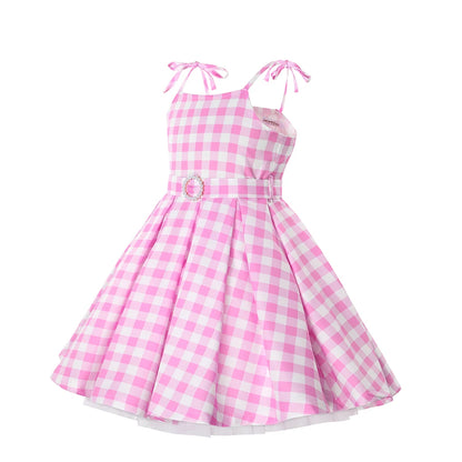 Girls Movie Princess Dress Cosplay Costume Pink Plaid Beach Barbi Outfit Birthday Halloween Party Kids Dress