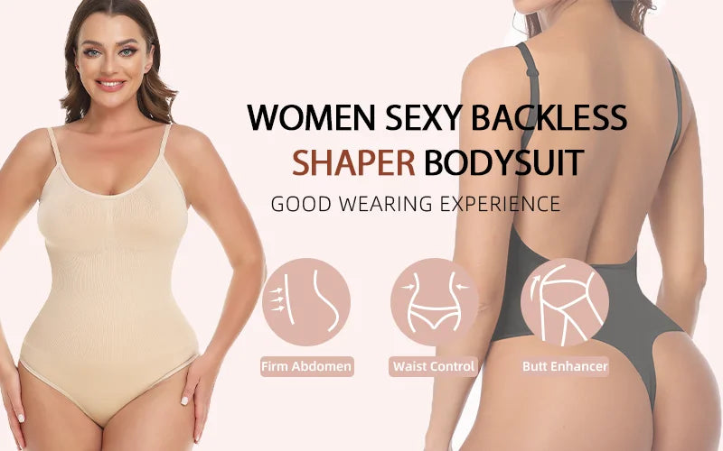 Seamless Thong Bodysuit Shapewear for Women – Tummy Control & Backless Design