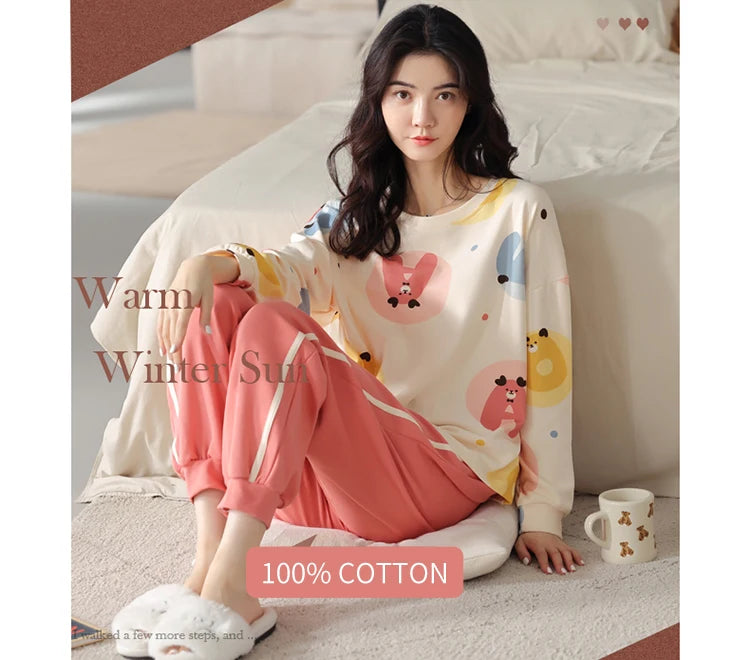 Women’s Cute Lazy Style Cotton Pajama Set – Soft, Loose Long Sleeves & Pants