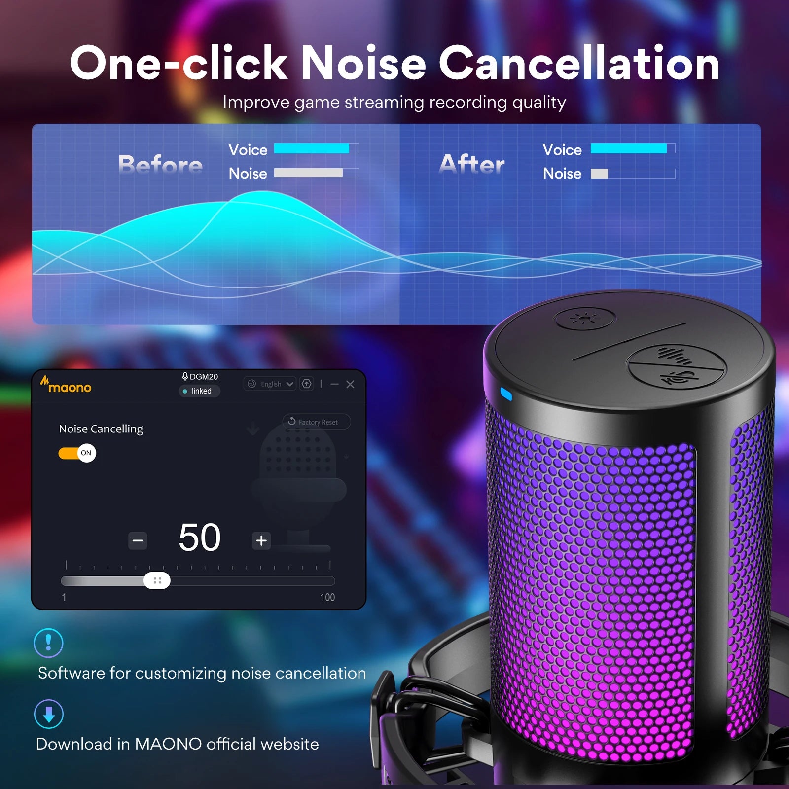 DGM20 Gaming Microphone,USB Microphone Condenser Mic RGB Gaming Mic with Noise reduction software,Mic Gain,One Key Mute