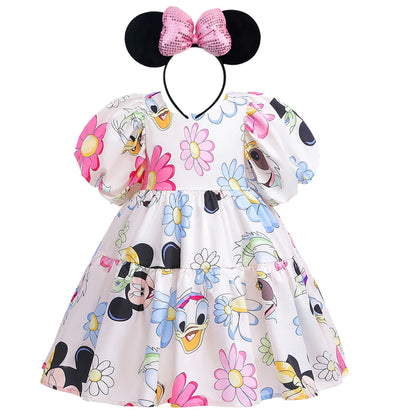 Mickey Mouse Daisy Cartoon Puff Sleeve Clothes Summer Baby Girl Casual Dress Girls Backless Cute Princess Dresses