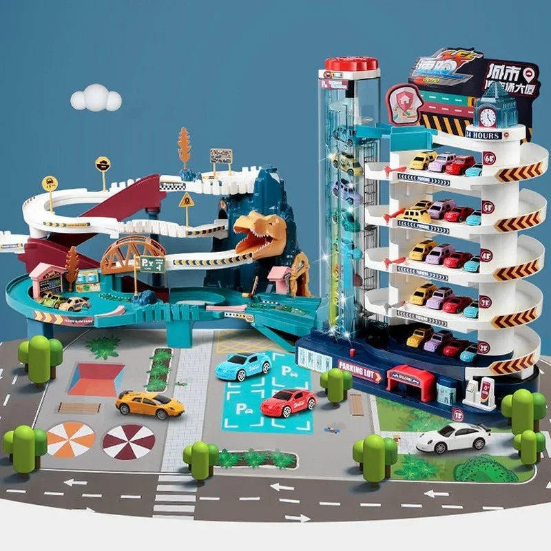 Electric Rail Car Dinosaur Building Parking Lot Adventure Racing Rail Car Toys  Brain Mechanical Interactive Rail Cars