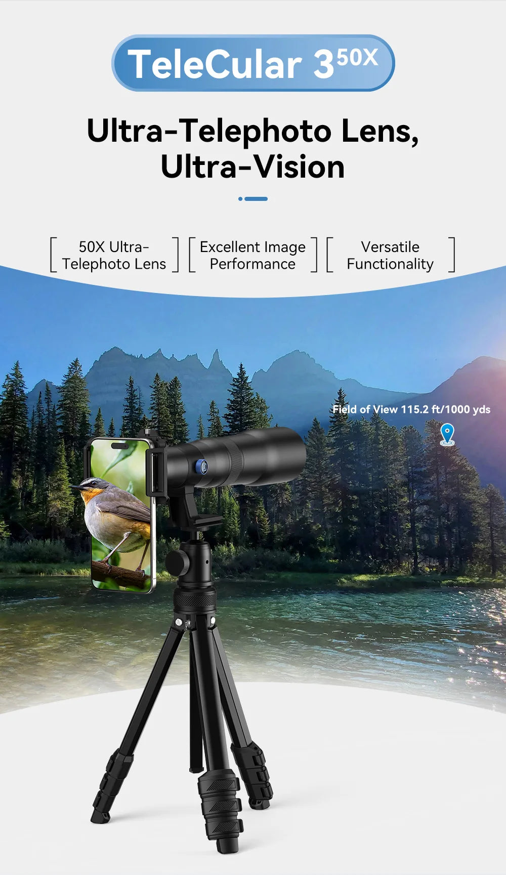 50X Telephoto Smartphone Lens with Tripod and Phone Clip