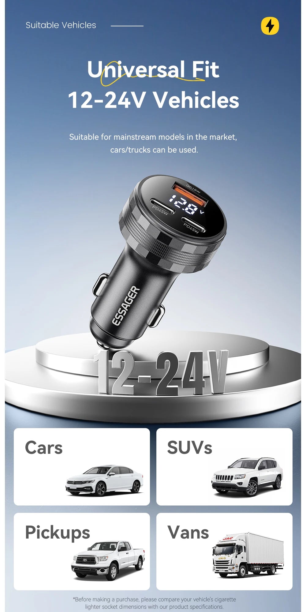 108W USB C Car Charger 3 Ports PD 3.0 Fast Charging Digital Display Dual Type C + USB Adapter