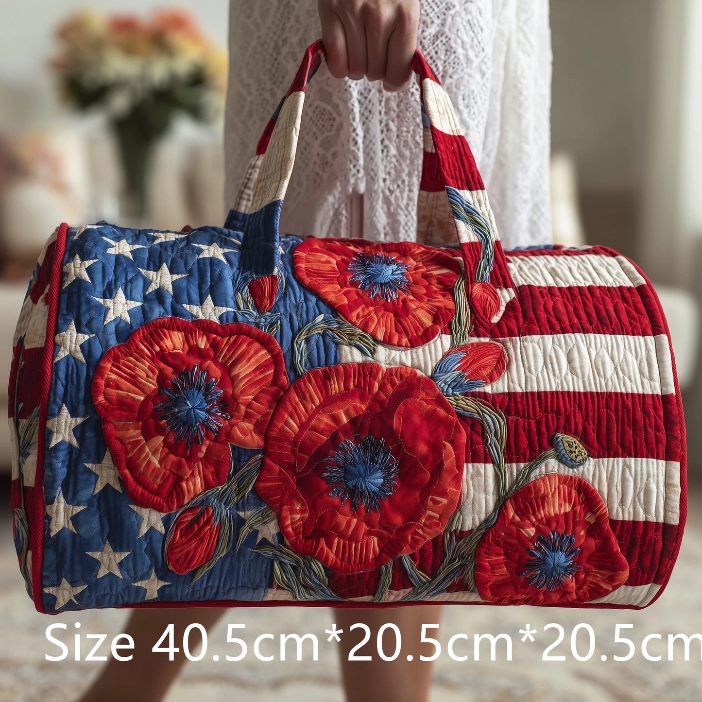 Women Vintage Patriotic Stars Stripes Quilted Duffel Bag Handmade 3D Rose Cardinals Print Weekender Bag Travel Gym Overnight Bag
