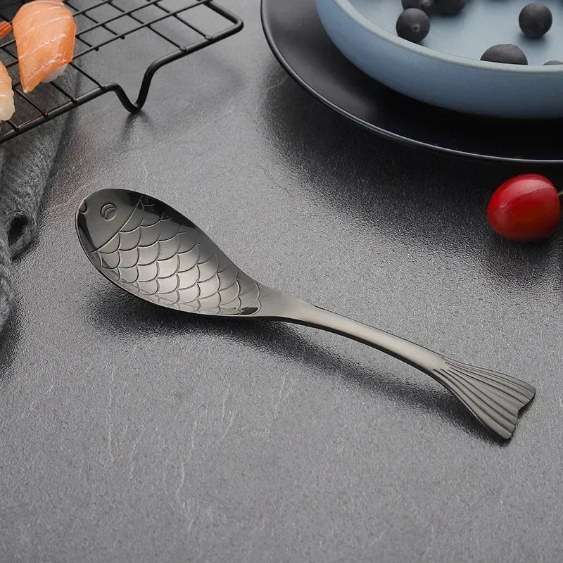 Cute Fish-Shaped Stainless Steel Soup Spoon, Food Grade Cutlery for Ice Cream Desserts, Creative Mermaid Spoon Kitchen Tableware