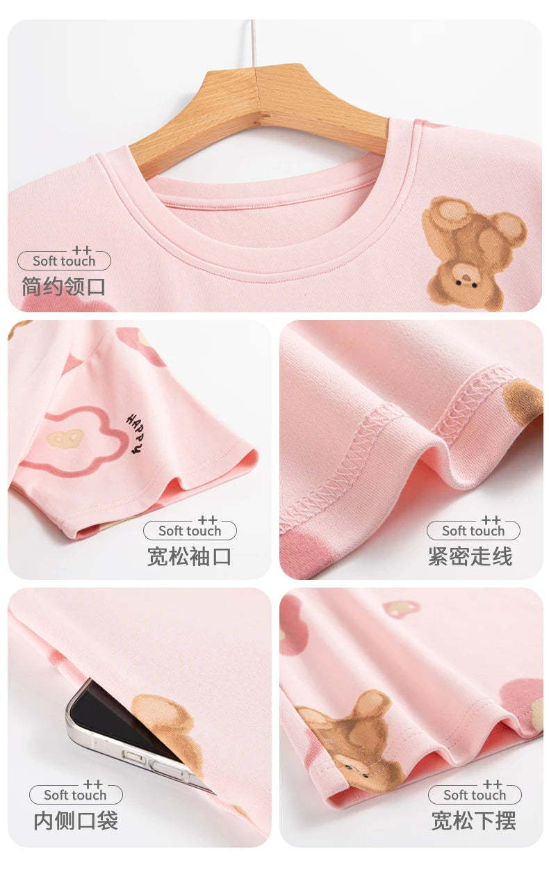 Women’s Cotton Nightgown – Korean Style Cute Print, Summer Short Sleeve Sleepwear Dress