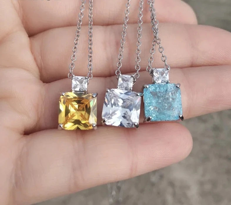 Light Blue Square Cubic Zirconia Pendant Necklaces