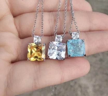 Light Blue Square Cubic Zirconia Pendant Necklaces