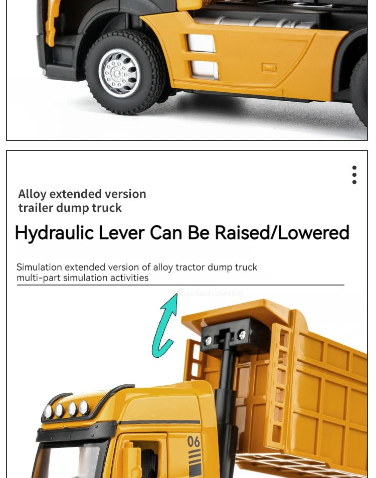 1/50 Extended Dump Truck Model Toy Metal Diecasting Doors Opened Sound Light Pull Back Vehicle Models Ornaments 's Gifts
