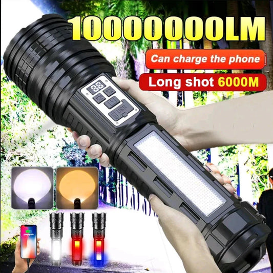 High Power Flashlight Super Big Flashlight Rechargeable Most Strong LED Flash Light Long Range Torch Outdoor Built in Battery