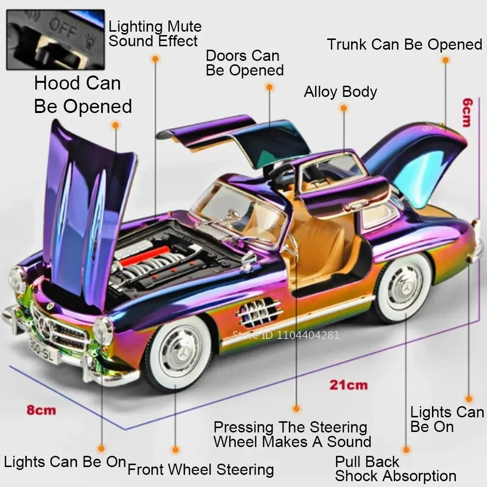1:24 Phantom 300SL Alloy Diecast Vintage Car Miniature Model Toys Sound Light Pull Back Doors Opened Ornament s Festival Gift