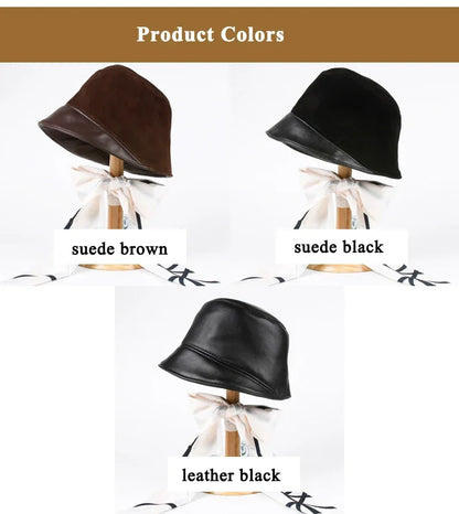 Japanese Harajuku Basin Hat Women Ladies Genuine Leather Suede Patchwork Fisherman Caps Fashion Winter Streetwear Chic Bonnet