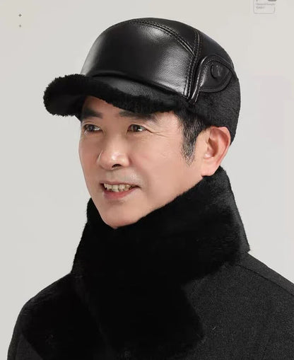 Winter Men's Hat Thicken Leather Cowskin Baseball Caps Bomber Hats With Ears Warm