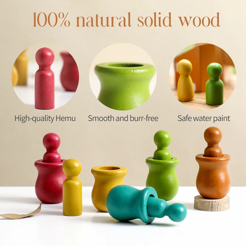 5PC Montessori Wooden Toy Baby Educational Development Games Colorful Wooden Barrel Doll Toys Color Matching Toys for Children