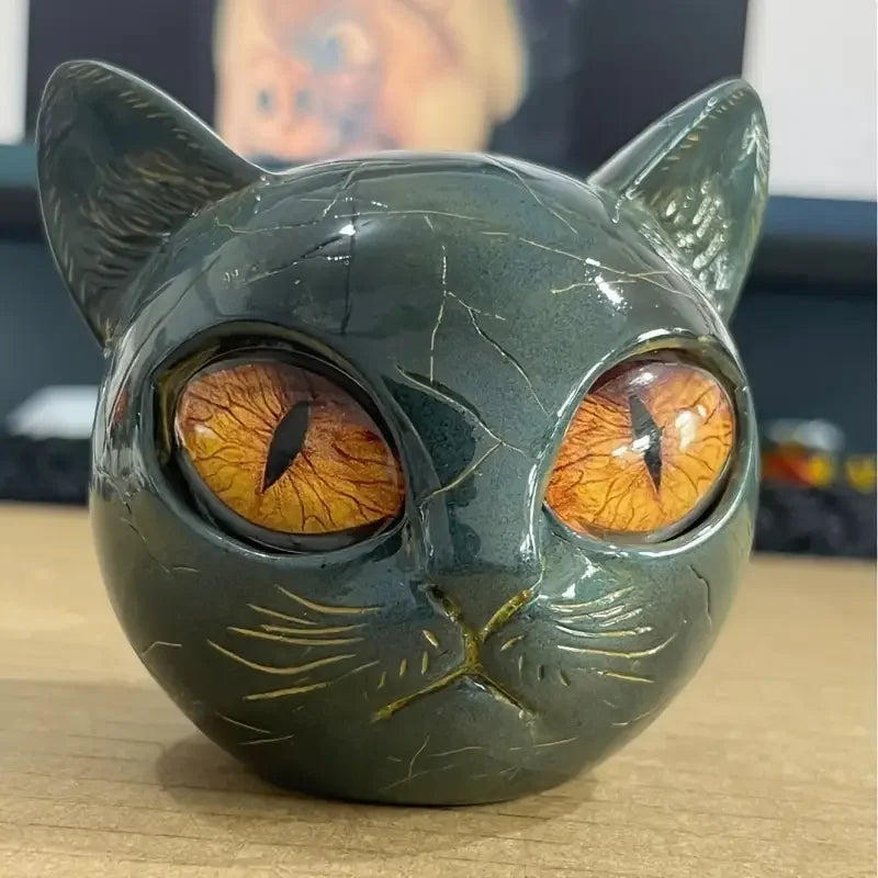 Cat Head Statue - Elegant Marble-like Glossy Resin Sculpture with Golden Eyes & Black Marble Texture,Desktop Decor for Home/Offi