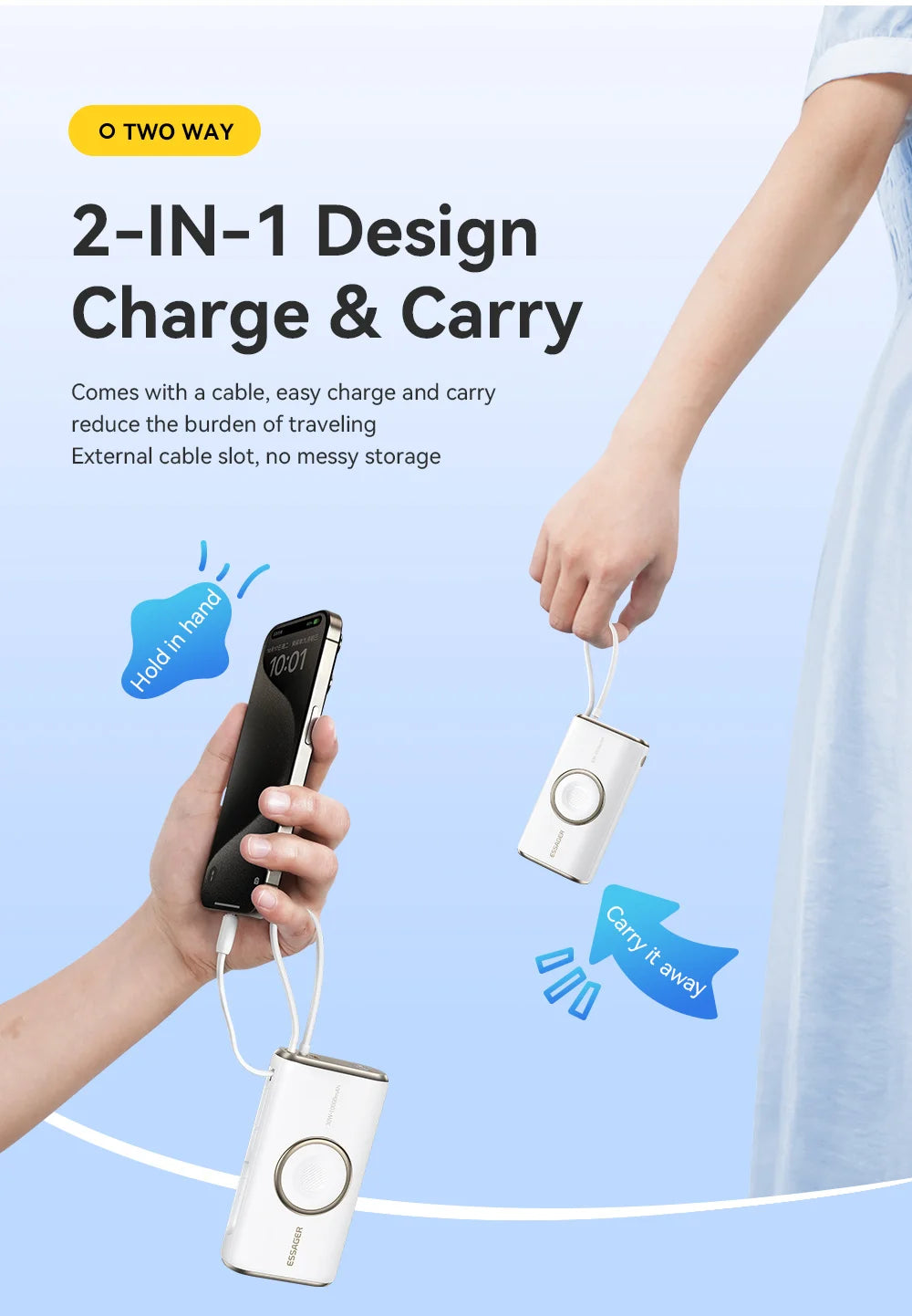 10000mAh Power Bank 30W PD Fast Charging Wireless Magnetic Charger with Built-in Cable & Digital Display