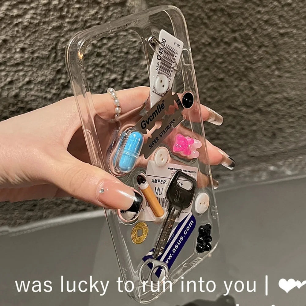 INS Junk Blade Pin Button Key Clear Phone Case For iPhone 16 15 13 14 Pro Max Plus Baseball Label Lens Protect Soft Cover