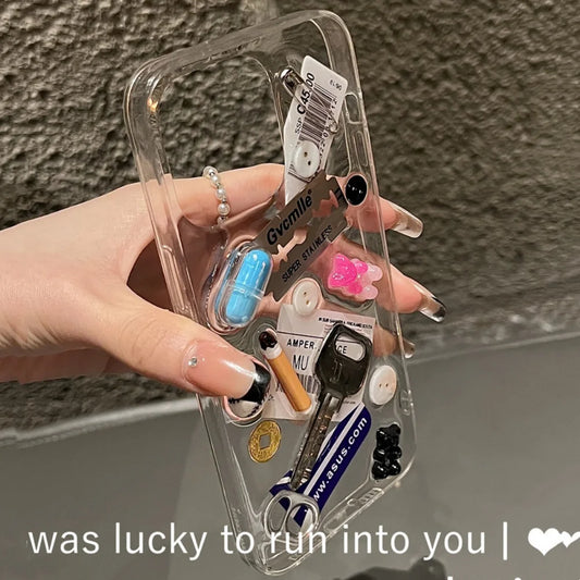 INS Junk Blade Pin Button Key Clear Phone Case For iPhone 16 15 13 14 Pro Max Plus Baseball Label Lens Protect Soft Cover