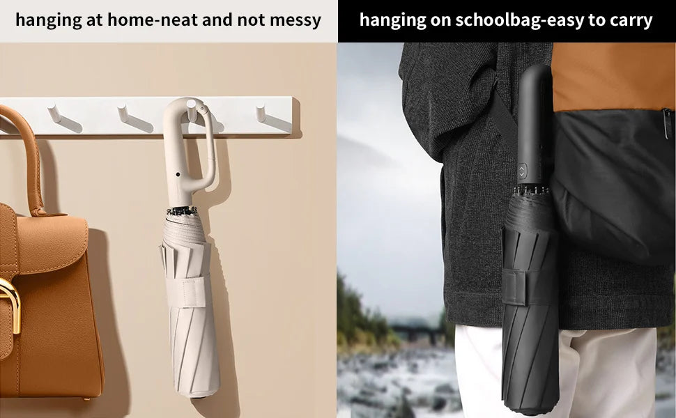 20 Bones Windproof Strong 105CM Reinforced Automatic Folding Umbrella Large Carabiner Handle Wind Resistant Water Resistant UV Protection