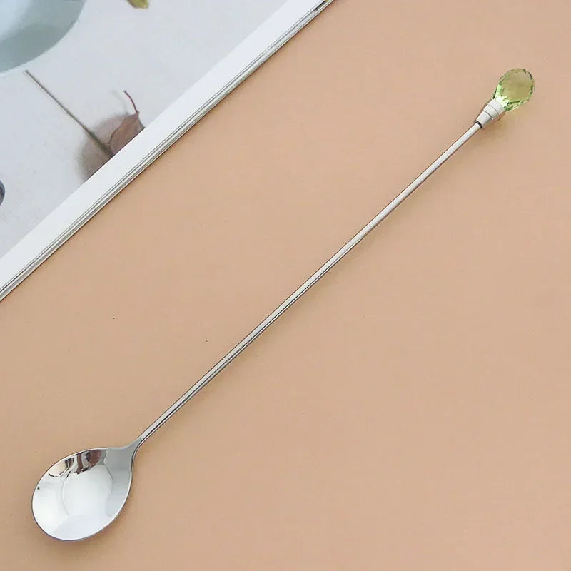 Stainless Steel Diamond Coffee Spoon and Fork Set Creative Crystal Long Handle, Perfect for Desserts, Ice Cream, Cake, and Fruit