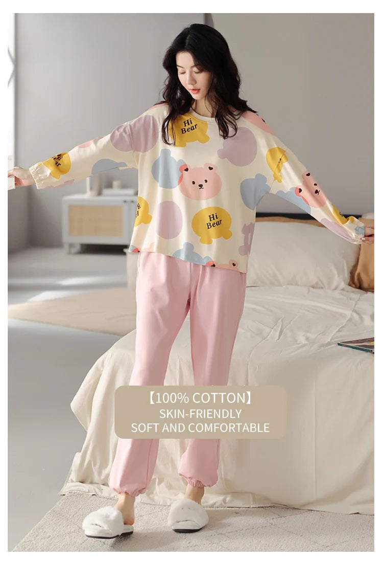 Women’s Cute Lazy Style Cotton Pajama Set – Soft, Loose Long Sleeves & Pants
