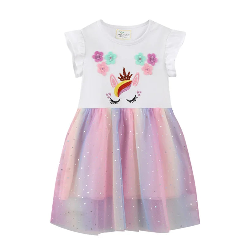 Unicorn Butterfly Princess Cotton Dress for Girls Summer Knee Length Dress