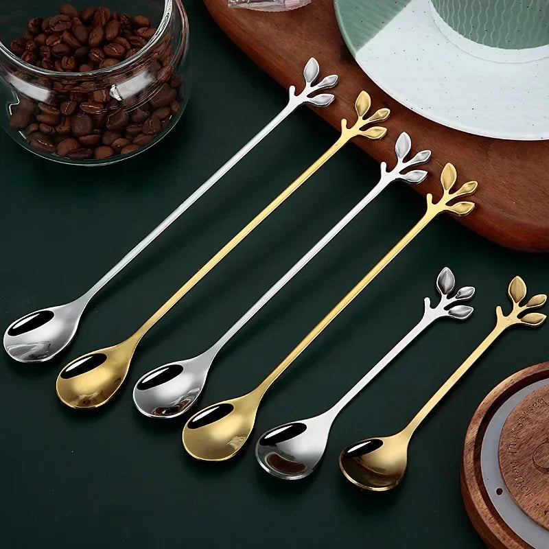 Gold Leaf Spoon for Stirring Tea Coffee Mixing Spoons Stainless Steel Tableware for Dessert Fruit Christmas Gift Home Decoratons