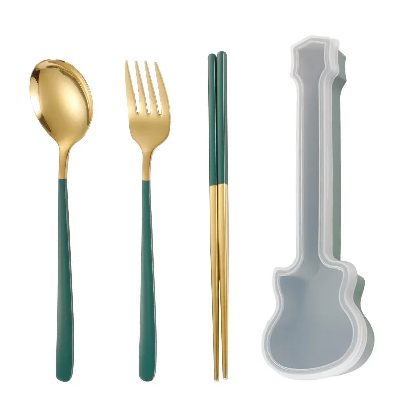 2/3Pcs Cutlery Set Fork Spoon Chopsticks Dinnerware Set 304 Stainless Steel Portable Travel Flatware Guitar Box