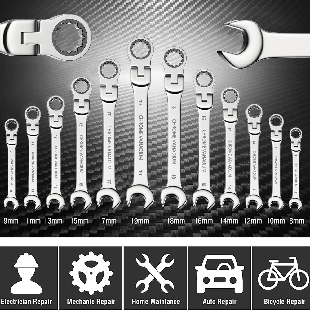 Metric Flex Head Ratcheting Combination Wrench Set 6–22mm 72-Tooth Cr-V Steel Spanner Set with Portable Storage Bag