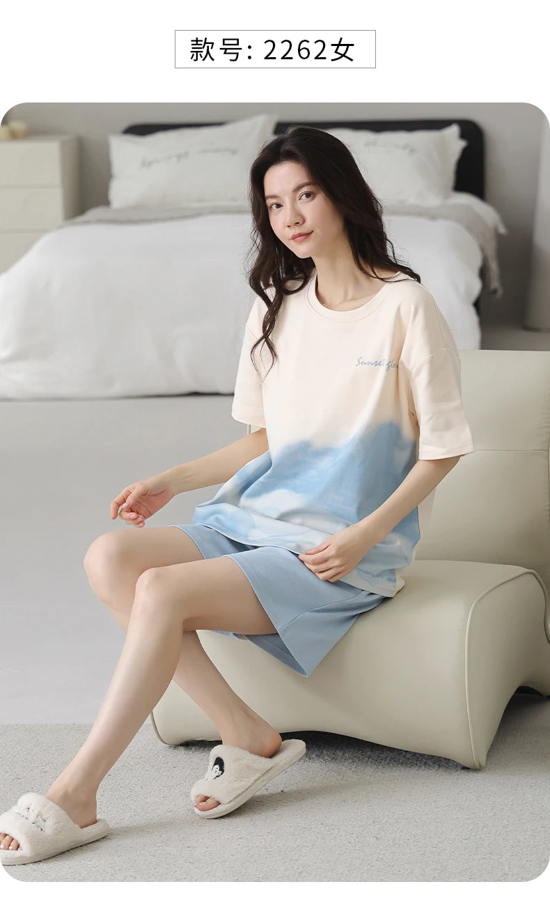 2-Pcs Women’s Cotton Pajama Set – Breathable Short Sleeve Summer Sleepwear with Cute Prints