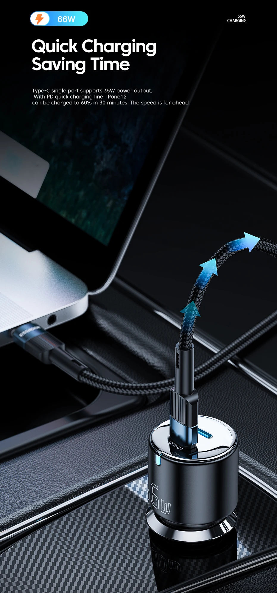 66W USB-C + USB-A Fast Car Charger (PD + QC 3.0)