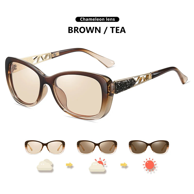 Diamond Frame Photochromic Polarized UV400 Fashion Sunglasses for Women Travel Glasses