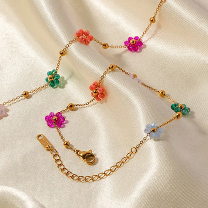 Exquisite Colorful Flower Chain Necklace Bracelet Set For Women Gold Plated Titanium Steel Daisy Choker Necklace