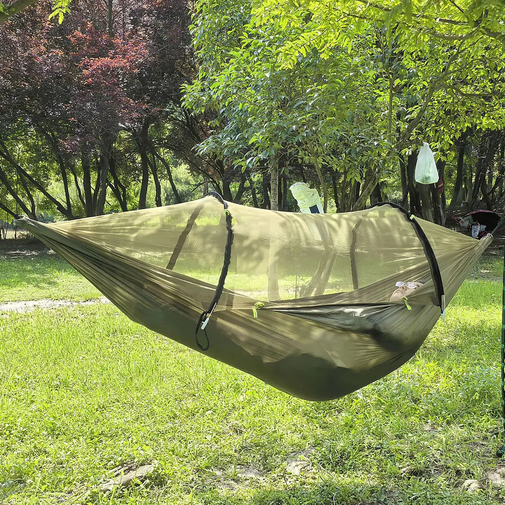 Portable Outdoor Camping Hammock with Mosquito Net and Canopy High Strength Parachute- Fabric Hanging Bed Hunting Sleeping Swing