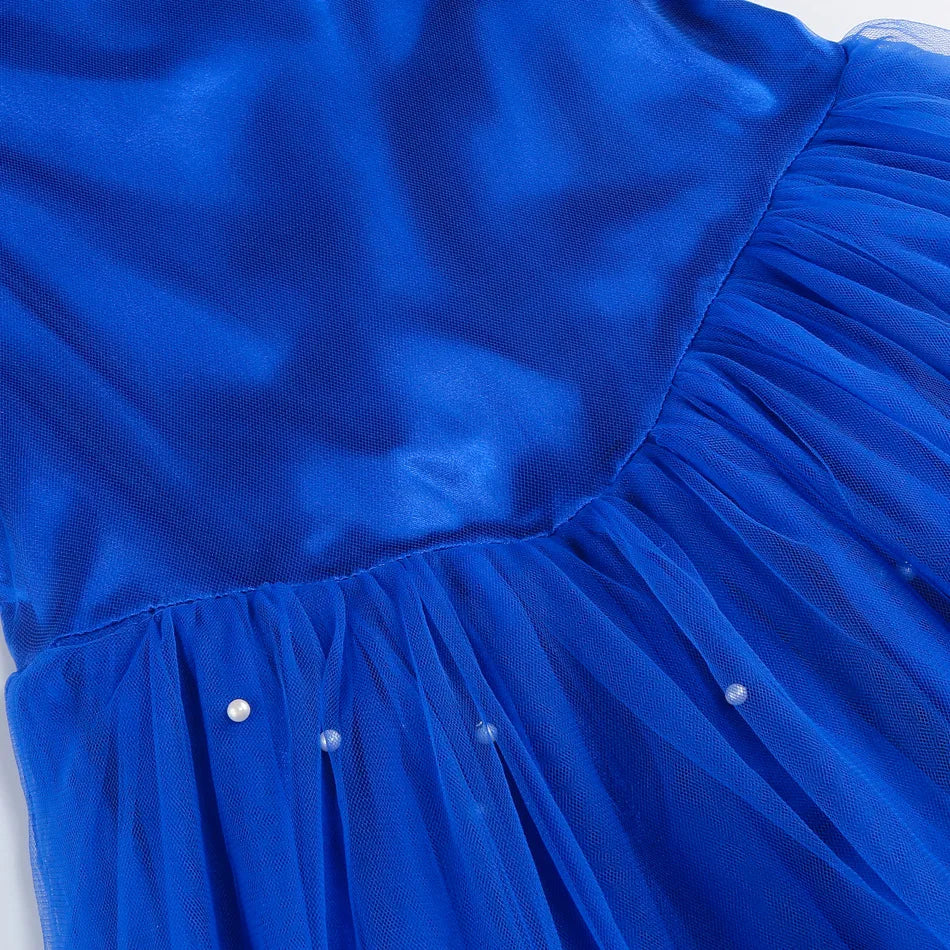 Christmas Halloween Blue Ball Gown - Girls Pearl-Embellished Tulle Dress with Lace Sleeves Princess Birthday Party Dress for Kid
