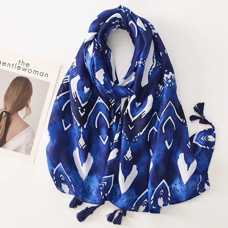 Beige Coffee Scarf Luxury Thin Women Scarves Spring Floral Hijab Veils Soft Cotton Shawl Wrap Tassel Viscose Muslim Woman Hijab